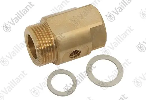 Vaillant Adapter aus Messing mit Gewinde und zwei Dichtungsringen, geeignet für die Verbindung in Heizungsanlagen.